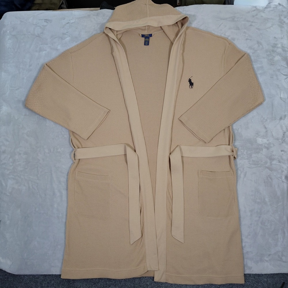 Polo Ralph Lauren Hooded Robe Mens L/XL Tan Big Pony Waffle Knit Cotton Blend